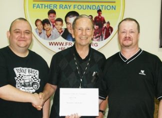 Regular Dutch visitors to Pattaya Gerwin Storcken (left) and Martin Roebroek (right) always make sure they have time to visit the Father Ray Foundation to present a donation on behalf of the customers of the Café de Bar in the Dutch town of Buchten. Brother Denis Gervais, Vice President of the Father Ray Foundation, was on hand to meet the visitors and accept the donation on behalf of the 850 children and students being supported by Pattaya’s largest charitable organization.